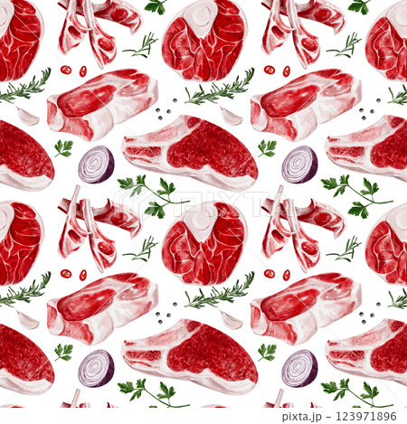 Seamless pattern with meat and spices. Beef and lamb with steaks and ribs. spices and onions with herbs. Pattern for kitchen and grocery store. Butcher shop and decor. Raw fresh meat.  123971896
