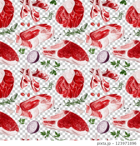 Seamless pattern with meat and spices. Beef and lamb with steaks and ribs. spices and onions with herbs. Pattern for kitchen and grocery store. Butcher shop and decor. Raw fresh meat.  123971896
