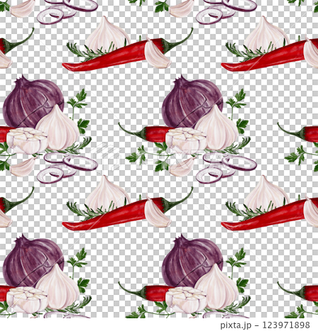 Seamless pattern with onion, pepper, garlic and herbs. Vegetables and spices. Watercolor illustration isolated from the background. Vegetable pattern. High quality illustration Seamless pattern with onion, pepper, garlic and herbs. Vegetables and spices. Watercolor illustration isolated from the background. Vegetable pattern. High quality illustration 123971898