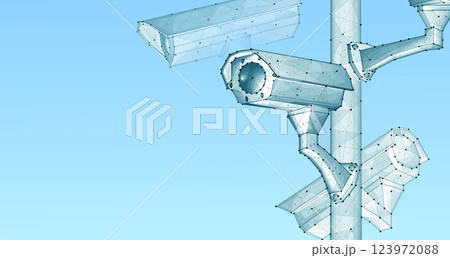 Security camera. Vector low pole illustration. Isolated on blue. Security system 123972088