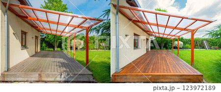 Before and after comparison of a wooden deck restoration showing untreated and freshly stained surfaces under a pergola in a backyard setting Before and after comparison of a wooden deck restoration showing untreated and freshly stained surfaces under a pergola in a backyard setting 123972189