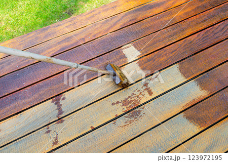Close-up of a wooden deck being stained with a brush for protection and maintenance 123972195