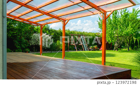 Close-up of a wooden deck - on the covered terrace - showing the process of restoration 123972198