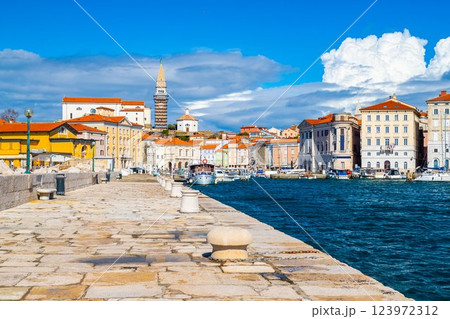 View of the embankment of Piran, a small historic town in Slovenia View of the embankment of Piran, a small historic town in Slovenia 123972312