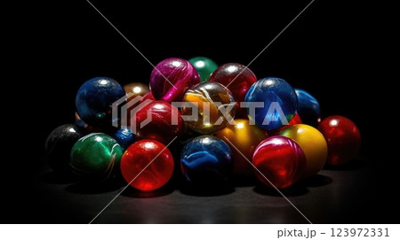 Assorted Colorful Marbles Gleaming on Dark Elegance 123972331