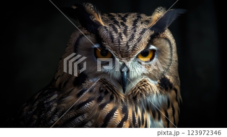 Majestic Owl with Golden Eyes on a Mysterious Dark Background 123972346