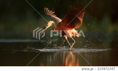 Elegant Red Heron catch some fish flying at the water surface, Captured Amidst the Serene Waters and Lush Greenery of a Tranquil Lake Elegant Red Heron catch some fish flying at the water surface, Captured Amidst the Serene Waters and Lush Greenery of a Tranquil Lake 123972347