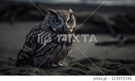 Mystical Owl on Sandy Shore Amidst Driftwood Under a Dimly Lit Sky Mystical Owl on Sandy Shore Amidst Driftwood Under a Dimly Lit Sky 123972348