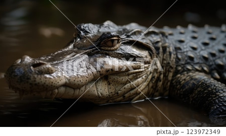 Close Up of a Majestic Crocodile Basking in Natural Habitat, Highlighting the Intricate Patterns and Textures on Its Skin Amidst Muddy Waters 123972349