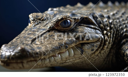 Intense Gaze of a Crocodile, Close up of crocodile face with Vivid Detail and Deep Blue Backdrop. 123972350