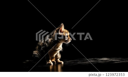 A kitten in a dark room looking at the light. A kitten in a dark room looking at the light. 123972353