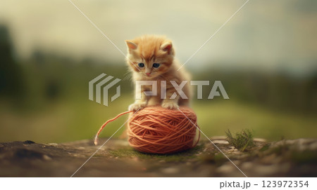 Playful Kitten Standing on a Colorful Skein of Wool Playful Kitten Standing on a Colorful Skein of Wool 123972354