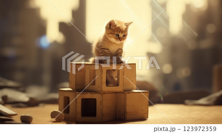 Curious Kitten sit on top of Boxes with Urban Backdrop in the afternoon. Curious Kitten sit on top of Boxes with Urban Backdrop in the afternoon. 123972359