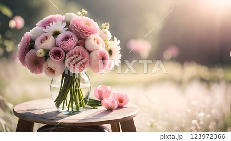Morning Glow Bouquet, Pink and White Flowers in Glass Vase on Wooden Table with Sunlit Meadow Background 123972366