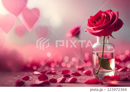 Dreamy pink background with sprinkle of rose flowers, with a jar fill with a stalk of red rose flower, good for cosmetic, perfume, spa, woman and girl product advertisement, design material. Dreamy pink background with sprinkle of rose flowers, with a jar fill with a stalk of red rose flower, good for cosmetic, perfume, spa, woman and girl product advertisement, design material. 123972369