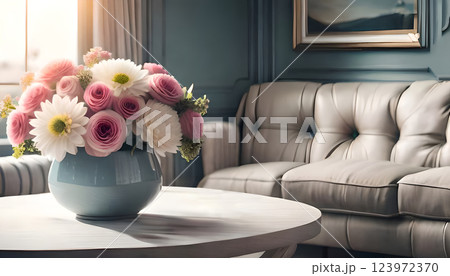 Elegant Flower Bouquet in Cozy Living Room with Blue Walls and Luxurious Sofa 123972370