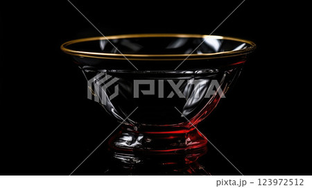 Elegant Glass Bowl with Golden Rim on Reflective Red light and black background. 123972512
