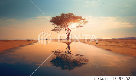 Dreamy Beach Sunset Evening Glow Reflecting on Calm Waters with Clear Blue Sky Dreamy Beach Sunset Evening Glow Reflecting on Calm Waters with Clear Blue Sky 123972520