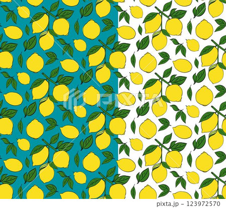 Pattern with lemons on the branches. Ripe lemons on branches with green leaves in a colored vector seamless pattern. Graphic line ink illustration for package, kitchen design, fabric and textile. 123972570