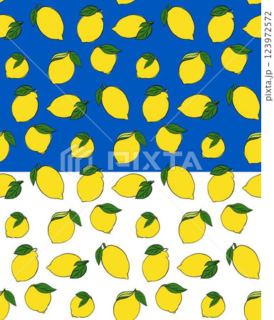 Lemon with leaves seamless pattern. Vector yellow and green graphic line ink illustration on transparent background. Trendy summer background. Vector print for fabric or wallpaper. 123972572