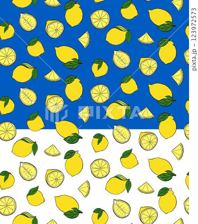 Lemons whole and cut seamless pattern. green leaves. Vector graphic line ink yellow illustration on transparent background. fruit background for banners, print for fabric, labels, t-shirt 123972573