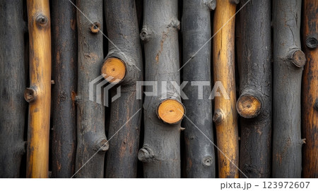 Vertical wooden poles creating rustic textured background 123972607
