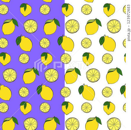 Lemons whole and cut with leaves seamless pattern. Vector graphic line ink yellow illustration on transparent background. Ideal for menu, package, cosmetic, textile, cards Lemons whole and cut with leaves seamless pattern. Vector graphic line ink yellow illustration on transparent background. Ideal for menu, package, cosmetic, textile, cards 123972683