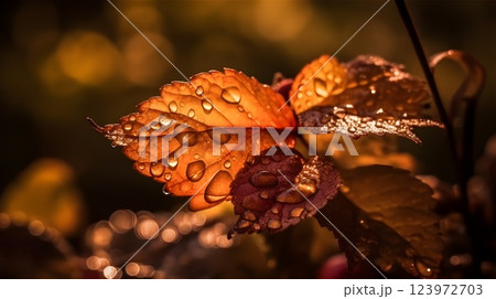 Wet autumn brown leaf with water drops blur background. 123972703