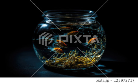 Vibrant Orange Fish Swimming in a Glass Jar Against a Dark Background 123972717