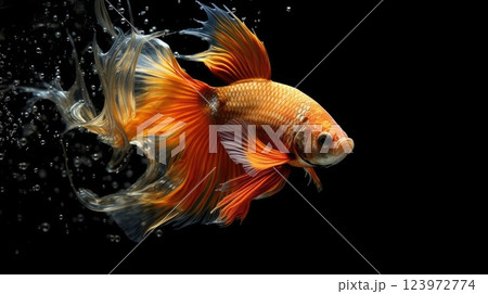 Majestic Golden Orange Betta Fish Swimming With an isolated black background. Majestic Golden Orange Betta Fish Swimming With an isolated black background. 123972774