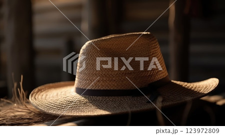 Straw Cowboy Hat Resting on a Rustic Wooden Surface Straw Cowboy Hat Resting on a Rustic Wooden Surface 123972809