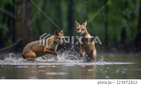 Two Playful Foxes in the Wild and getting wet at the river. 123972822