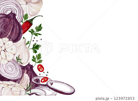 Vegetable frame. Red onion and garlic with herbs and pepper. Watercolor illustration isolated from background. Ingredients for cooking. Template for menu or brochure. High quality illustration Vegetable frame. Red onion and garlic with herbs and pepper. Watercolor illustration isolated from background. Ingredients for cooking. Template for menu or brochure. High quality illustration 123972853