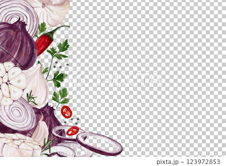 Vegetable frame. Red onion and garlic with herbs and pepper. Watercolor illustration isolated from background. Ingredients for cooking. Template for menu or brochure. High quality illustration Vegetable frame. Red onion and garlic with herbs and pepper. Watercolor illustration isolated from background. Ingredients for cooking. Template for menu or brochure. High quality illustration 123972853