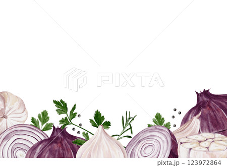 Vegetable frame. Red onion and garlic with herbs and pepper. Watercolor illustration isolated from background. Ingredients for cooking. Template for menu or brochure. High quality illustration 123972864