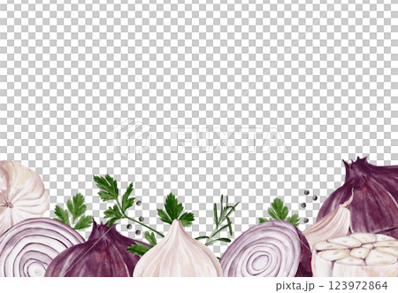 Vegetable frame. Red onion and garlic with herbs and pepper. Watercolor illustration isolated from background. Ingredients for cooking. Template for menu or brochure. High quality illustration 123972864