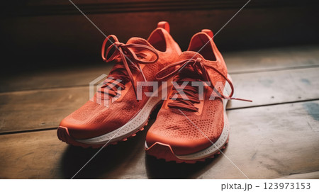Bright Pink Sports Shoes on Wooden Floor with Soft Lighting and Nike Logo 123973153