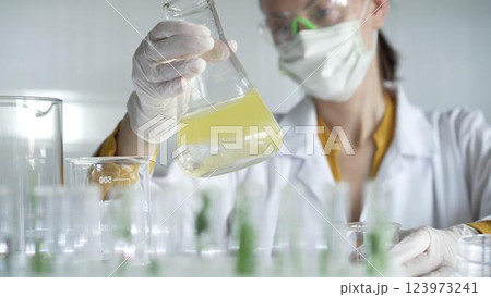 Woman scientist wearing white protective gloves is shaking up a yellow chemical solution inside an Erlenmeyer flask in a laboratory setting, portrait. Science and medicine concepts Woman scientist wearing white protective gloves is shaking up a yellow chemical solution inside an Erlenmeyer flask in a laboratory setting, portrait. Science and medicine concepts 123973241