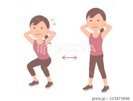 若い女性のスクワットのポーズ　セット 123973686