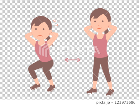 若い女性のスクワットのポーズ　セット 123973686