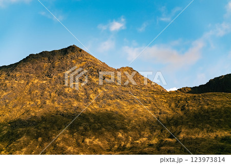 The picturesque Carrauntoohil walk, surrounded by stunning mountain views under a bright blue sky. The rugged terrain showcases Ireland's natural beauty. The picturesque Carrauntoohil walk, surrounded by stunning mountain views under a bright blue sky. The rugged terrain showcases Ireland's natural beauty. 123973814
