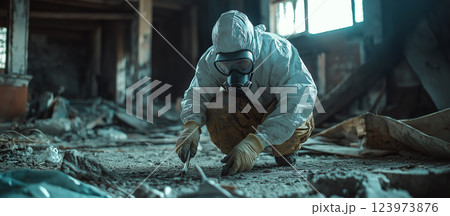 An asbestos removal specialist carefully removes hazardous materials from an old building 123973876