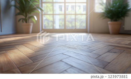 parquet floor in empty room with natural light, wood grain texture 123973881