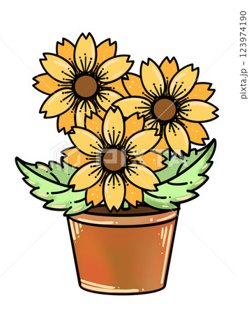 Beautiful Sunflowers in a Pot – Hand-Drawn Floral Illustration 123974190