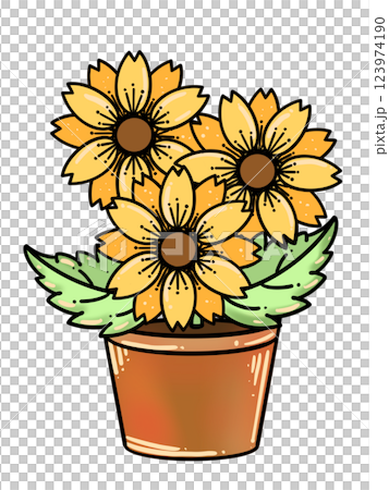 Beautiful Sunflowers in a Pot – Hand-Drawn Floral Illustration 123974190