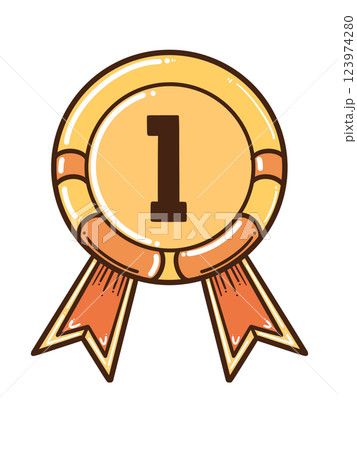 Gold Medal Award with Number One – Champion Winner Badge Ribbon Icon 123974280