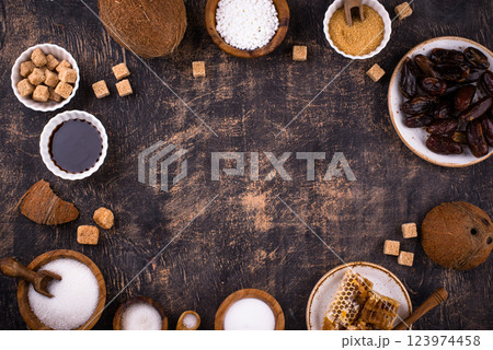 Various sugar replacement, healthy sweetener concept Various sugar replacement, healthy sweetener concept 123974458