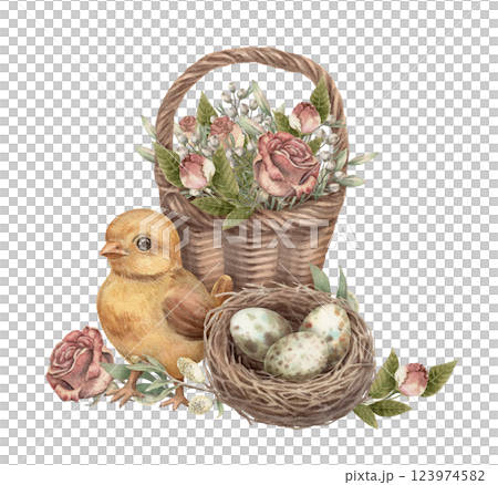Cute yellow chick with rose flower basket and nest with Easter egg. Hand drawn watercolor illustration in vintage tones. Festive spring art ideal for happy holiday design. Greeting card template. 123974582
