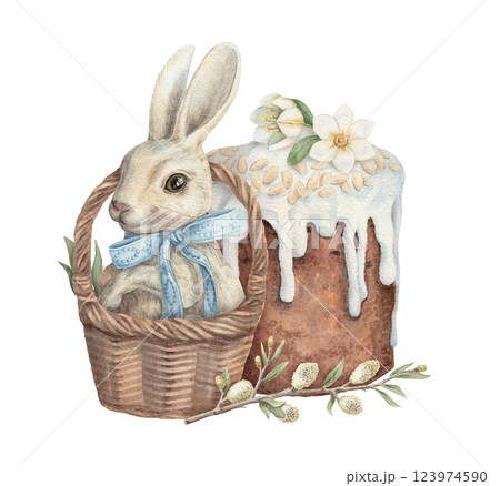Cute bunny inside basket with Easter cake watercolor illustration in vintage style. Festive rabbit with blue bow and willow. Hand drawn art ideal for holiday design. Spring greeting card template. Cute bunny inside basket with Easter cake watercolor illustration in vintage style. Festive rabbit with blue bow and willow. Hand drawn art ideal for holiday design. Spring greeting card template. 123974590