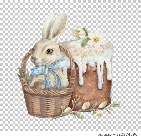 Cute bunny inside basket with Easter cake watercolor illustration in vintage style. Festive rabbit with blue bow and willow. Hand drawn art ideal for holiday design. Spring greeting card template. Cute bunny inside basket with Easter cake watercolor illustration in vintage style. Festive rabbit with blue bow and willow. Hand drawn art ideal for holiday design. Spring greeting card template. 123974590